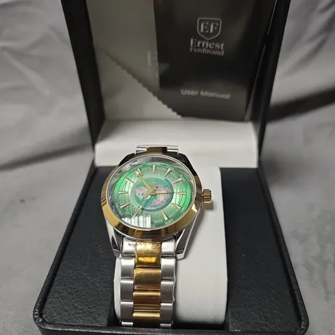 MENS ERNEST FERDINAND WORLD TIME WATCH - GREEN DIAL WITH CAPITALS - TWO-TONE STAINLESS STEEL WATCH - GIFT BOX