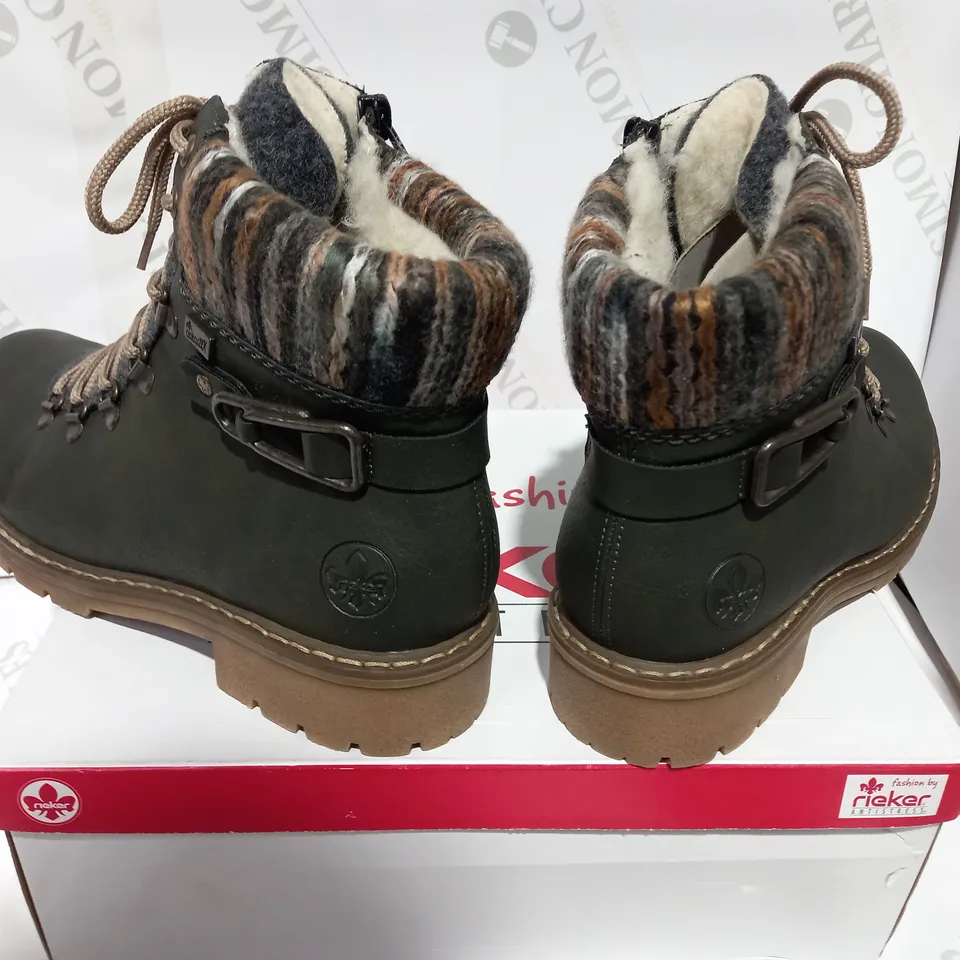 BOXED PAIR OF RIEKER GREEN CUFFED HIKING BOOT - SIZE 6