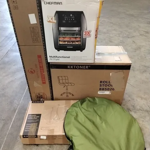 A PALLET OF VARIOUS ITEMS TO INCLUDE. POP UP TENT, SPEAKER STANDS, CAMPING EQUIPMENT, ROLLER STOOL AND AIR FRYER