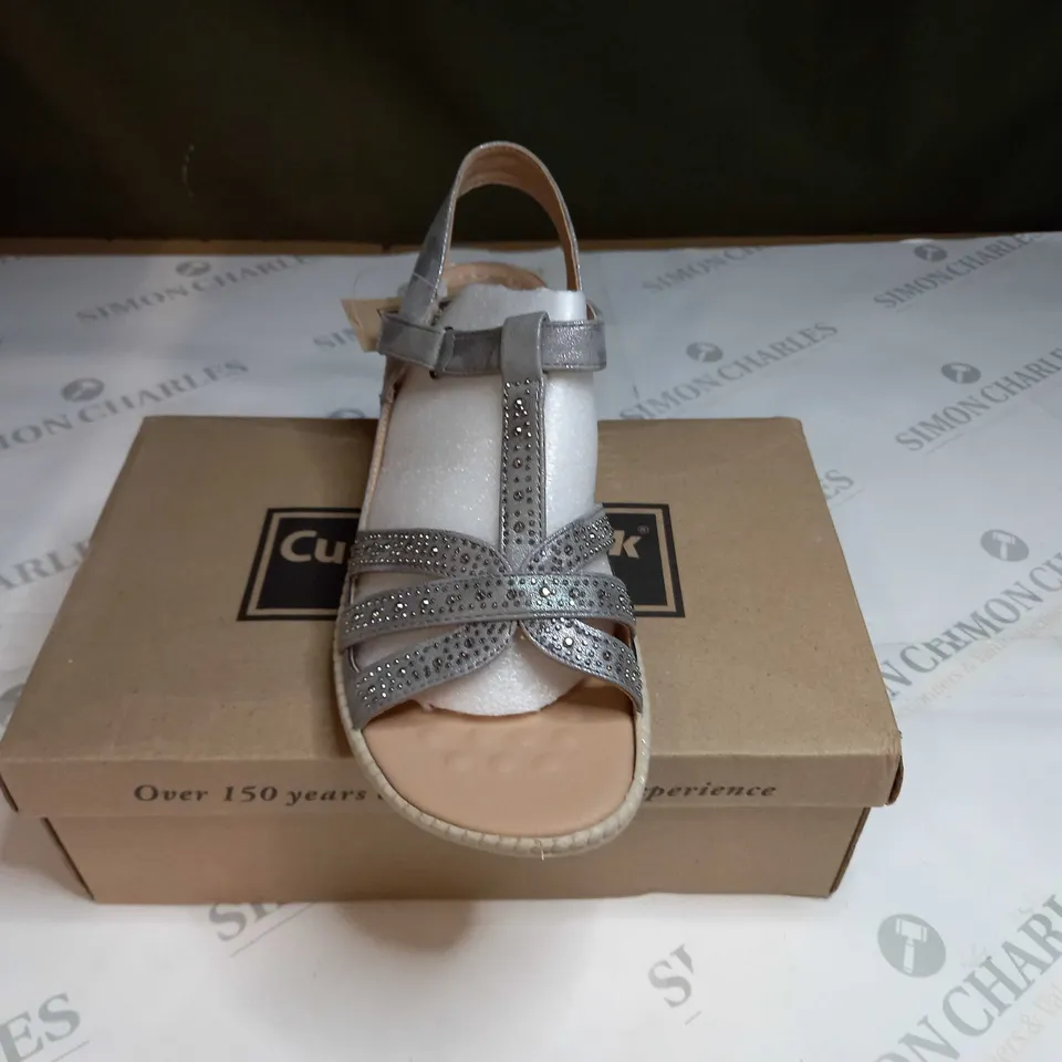 BOXED PAIR OF CUSHION WALKEMBELLISHED STRAPPY SANDALS IN PEWTER - SIZE 7