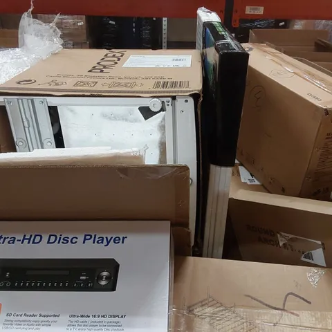 PALLET OF ASSORTED ITEMS INCLUDING: PRODEX COUNTERTOP FREEZER,  COOKER HOOD, METAL BED FRAME, ULTRA HD DISC PLAYER, ROUND BALLOON ARCH STAND ECT