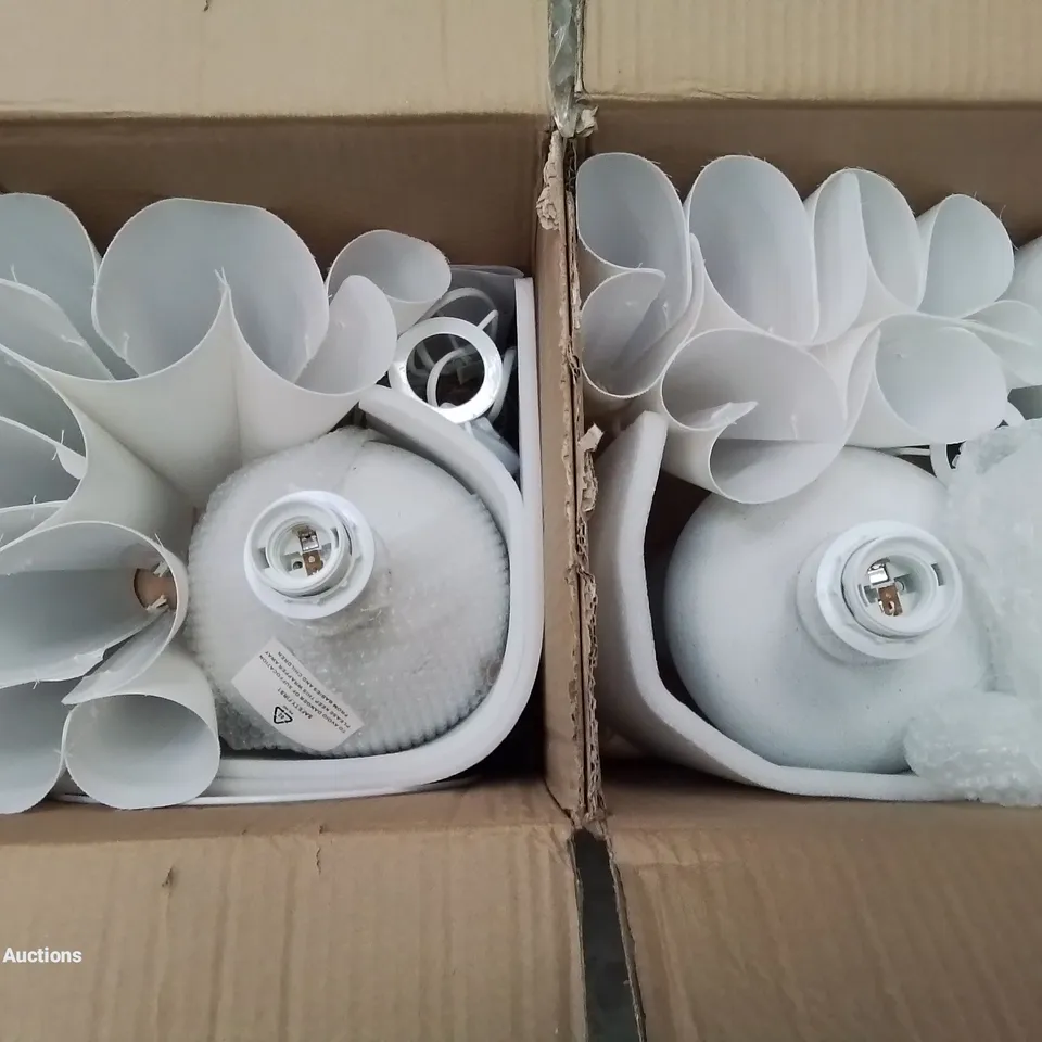 BOXED BRAND NEW PAIR OF PLEATED WHITE SHADES AND STONE LOOK LAMPS