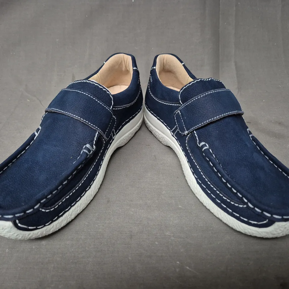 BOXED PAIR OF WOLKY ROLL STRAP SHOES IN DENIM BLUE EU SIZE 39