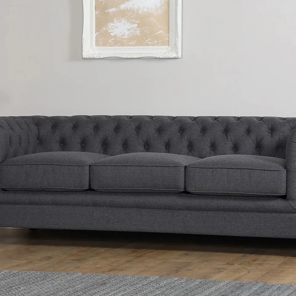 BOXED DESIGNER HAMPTON SLATE GREY FABRIC THREE SEATER CHESTERFIELD SOFA
