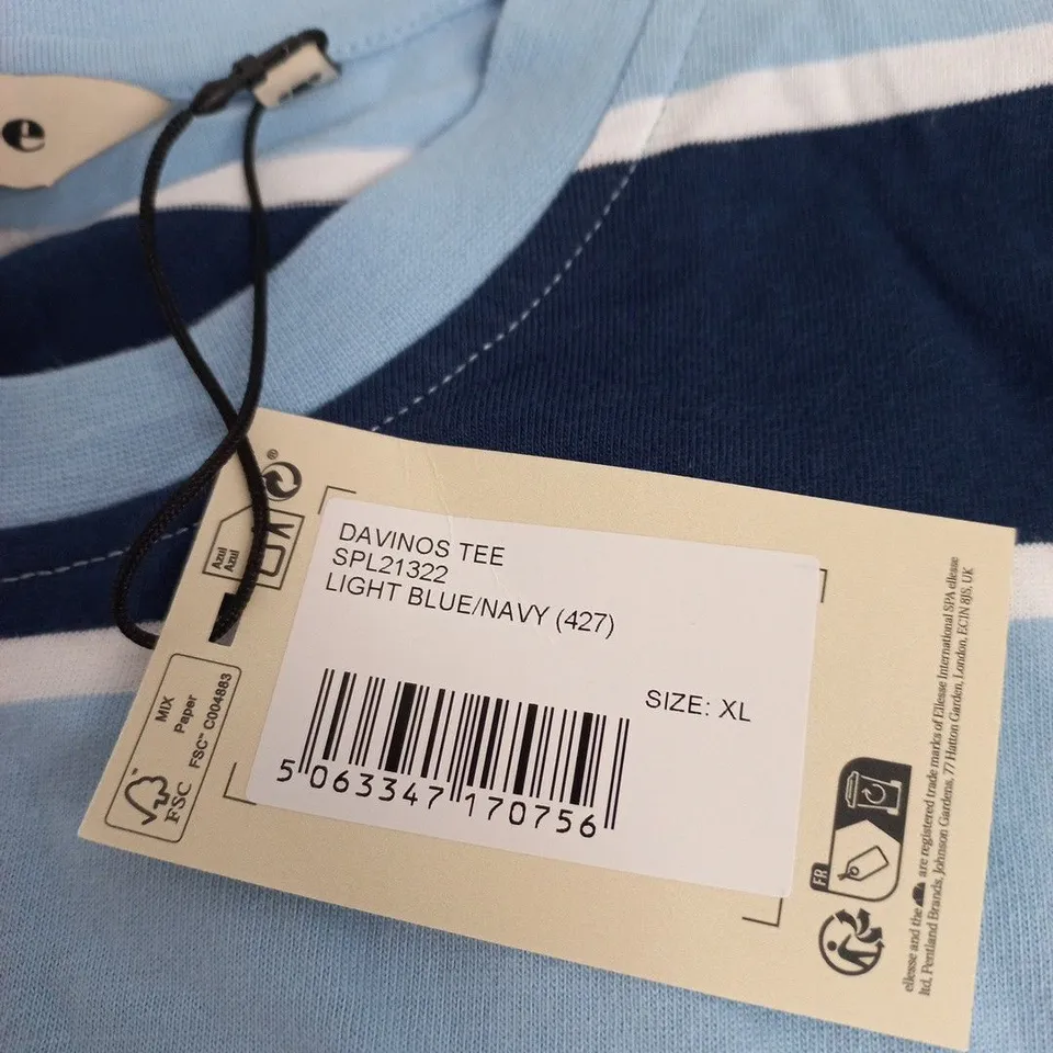 ELLESSE DAVINOS TEE STRIPE T-SHIRT – LIGHT BLUE & NAVY, XL
