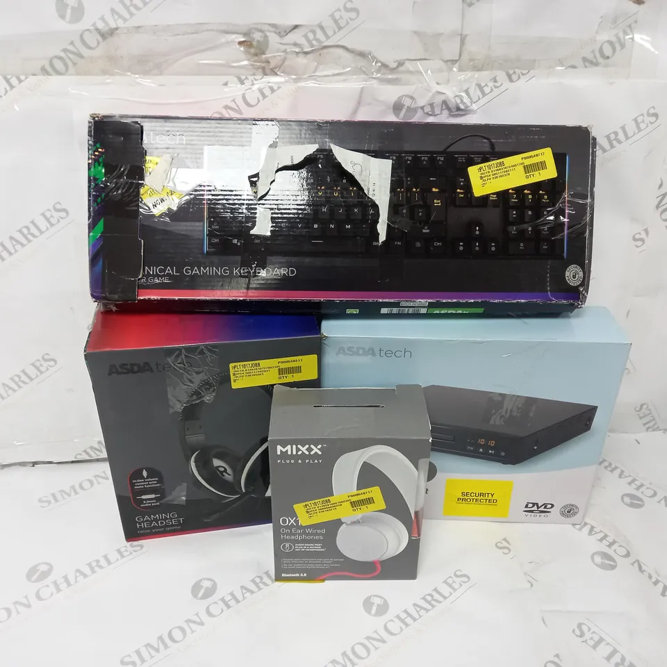 APPROXIMATELY 20 ASSORTED ITEMS TO INCLUDE MIXX OX1 ON EAR WIRED HEADPHONES, MECHANICAL GAMING KEYBOARD, GAMING HEADSET, DVD PLAYER ETC.