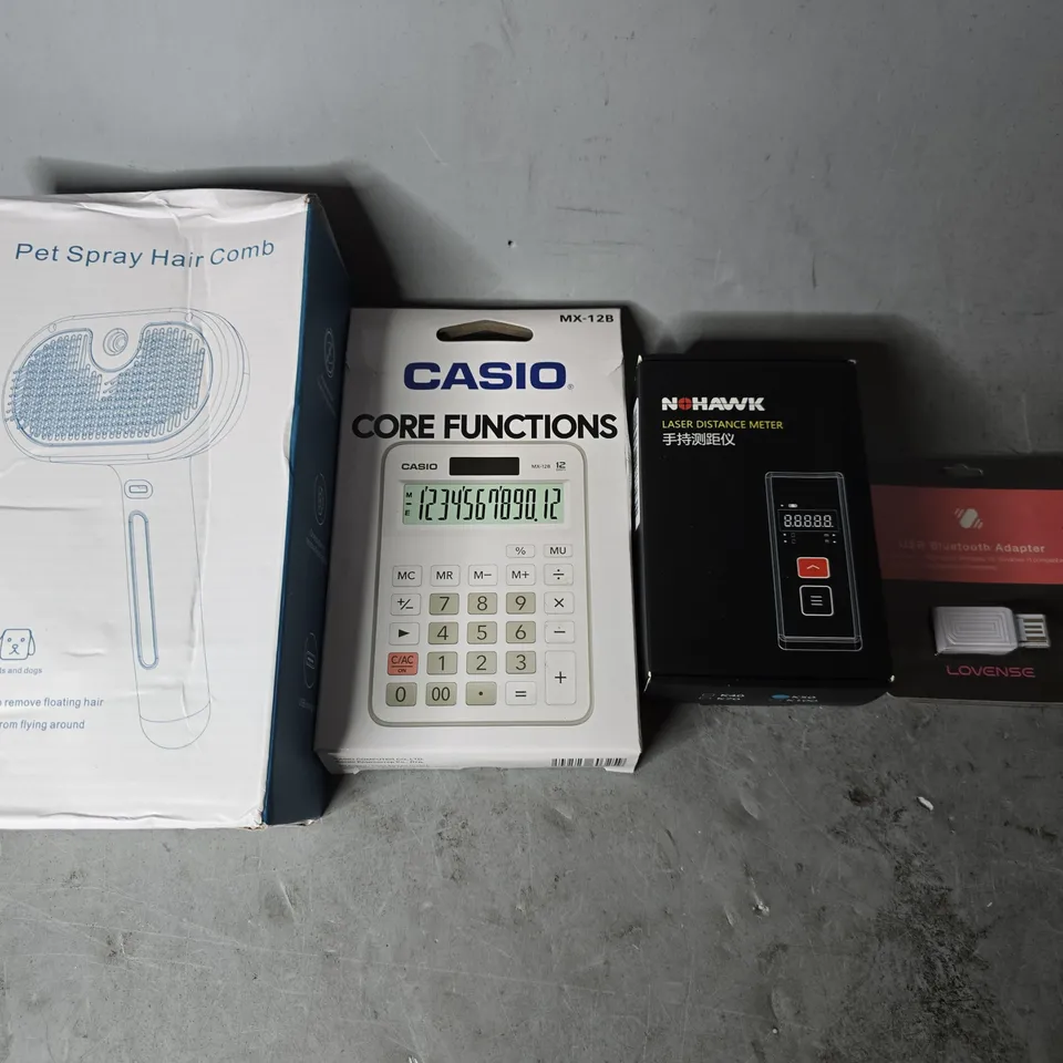 APPROXIMATELY 5 ASSORTED ITEMS TO INCLUDE -  CASIO X-128-WE , PET SPRAY HAIR COMB , MOHAWK LASER  DISTANCE METER ETC