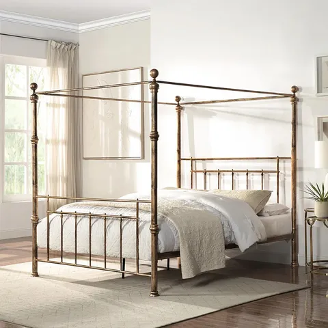 BOXED WELWYN ANTIQUE BRASS 4 POSTER METAL 4' SMALL DOUBLE BED (2 BOXES)