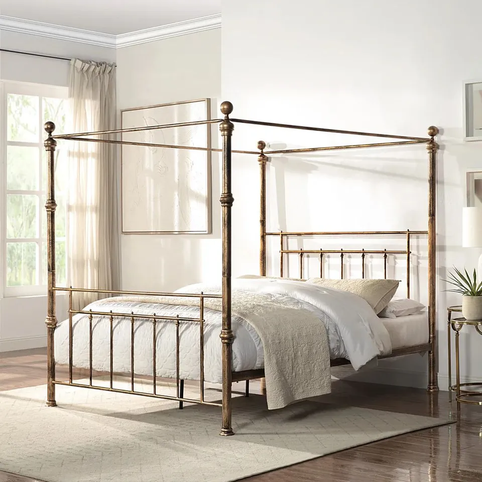 BOXED WELWYN ANTIQUE BRASS 4 POSTER METAL 4' SMALL DOUBLE BED (2 BOXES)