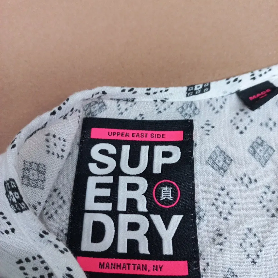 SUPERDRY WOMEN'S WHITE PATTERNED DRESS WITH PUFF SLEEVES – SIZE L