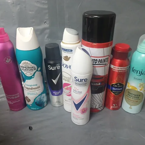 APPROXIMATELY 15 ASSORTED AEROSOLS TO INCLUDE WLW AUTO PARTS GREY PRIMER, FENJAL SHOWER MOUSSE, IMPERIAL LEATHER FOAMBURST, ETC - COLLECTION ONLY