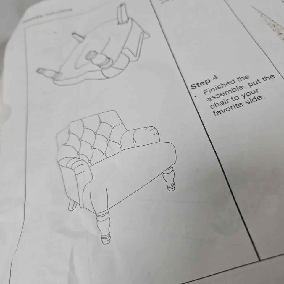 JULIPA UPHOLSTERED ARMCHAIR – TUFTED GREY FABRIC WITH ASSEMBLY INSTRUCTIONS (NO LEGS INCLUDED)