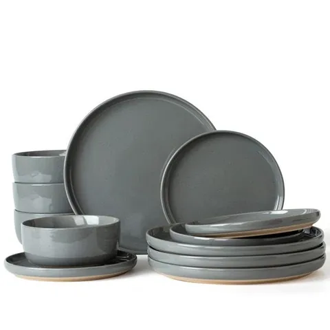 BOXED 12 PIECE STONEWARE DINNERWARE SET - SERVICE FOR 4 COLOUR: GREY
