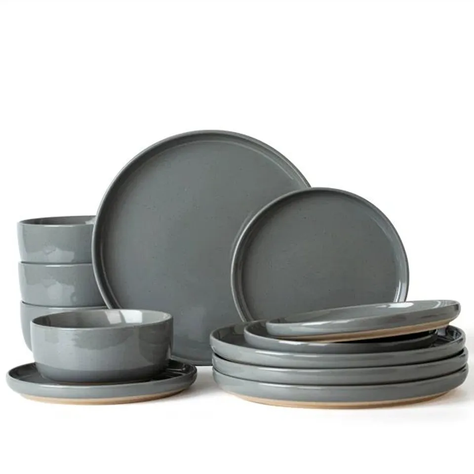 BOXED 12 PIECE STONEWARE DINNERWARE SET - SERVICE FOR 4 COLOUR: GREY