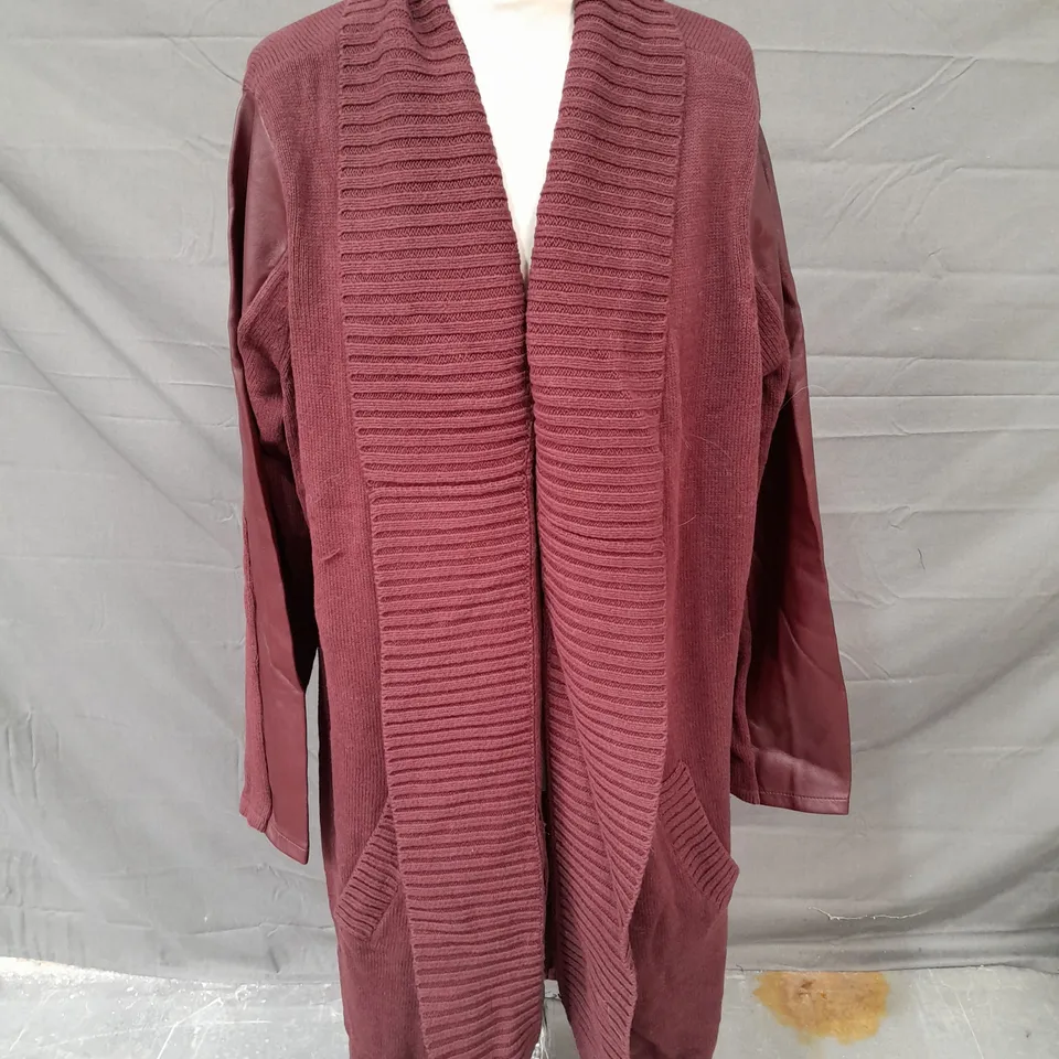RUTH LANGSFORD FAUX LEATHER SLEEVE COATIGAN- MERLOT XL