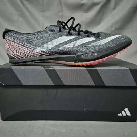 BOXED PAIR OF ADIDAS ADIZERO PRIME SP 3 SHOES IN GREY/WHITE/PINK/MULTI UK SIZE 10