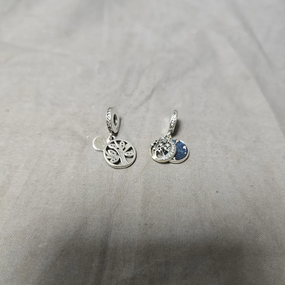 PANDORA STERLING SILVER S925 CHARMS SET OF 2– TREE OF LIFE DISC & BLUE ENAMEL CRYSTAL DISC, WITH PANDORA POUCH