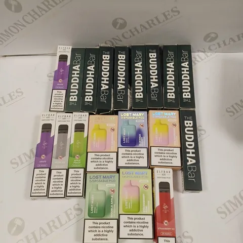 BOX OF APPROXIMATELY 15 ASSORTED DISPOSABLE VAPING BARS TO INCLUDE BUDDHA BAR, LOST MARY, ELFBAR ETC