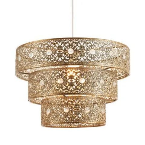 BOXED POLISHED GOLD ACRYLIC GEM MOROCCAN STYLE TRIPLE TIER PENDANT LIGHT