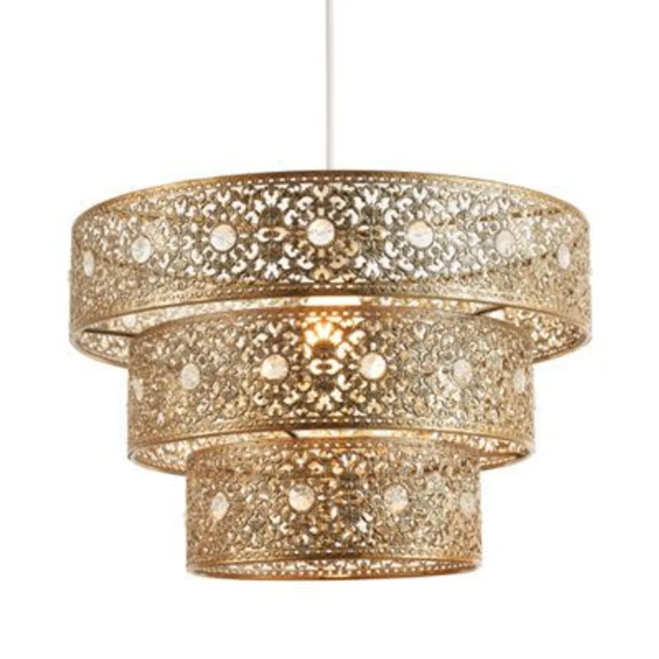 BOXED POLISHED GOLD ACRYLIC GEM MOROCCAN STYLE TRIPLE TIER PENDANT LIGHT