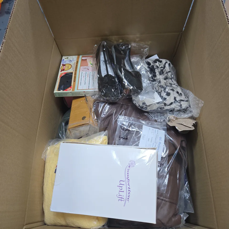 BOX OF APPROXIMATELY 20 ASSORTED HOUSEHOLD ITEMS TO INCLUDE SANKUM SUPPORT AND POSTURE BRA, COMFORTISSE UPLIFT, SHOES, CLOTHING, MAGNIFYING GLASS ETC
