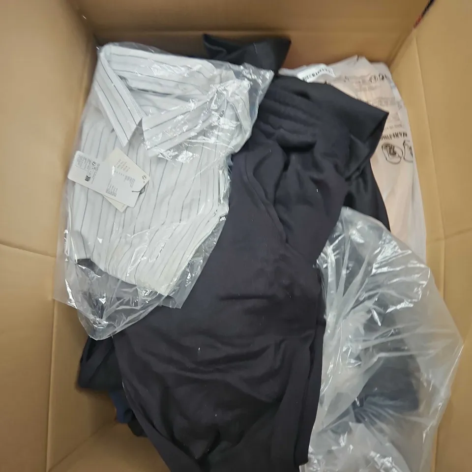 LARGE BOX OF APPROXIMATELY 20 ASSORTED CLOTHING ITEMS IN VARIOUS SIZES, STYLES AND COLOUR 