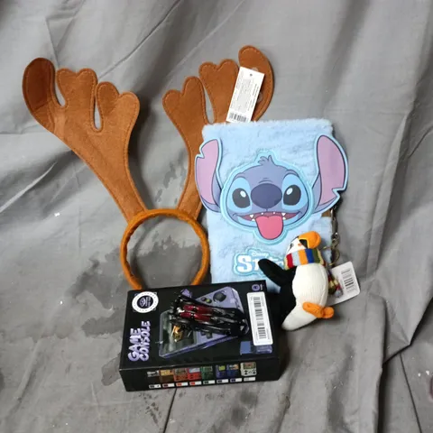 APPROXIMATELY 12 ASSORTED TOYS AND GAMES INCLUDING DISNEY STICTCH DIARY WITH LOCK, REINDEER EARS, BATMOBILE CAR AND GAME CONSOLE