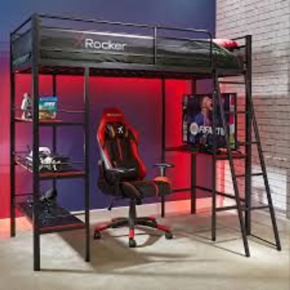 BOXED X ROCKER FORTRESS HIGH SLEEPER GAMING BUNK BED WITH SHELVES - BLACK (2 BOXES)