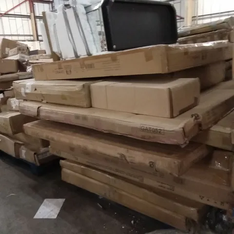 PALLET OF DESIGNER HOME FURNITURE PARTS AND PIECES; BED, SIDEBOARD AND WARDROBE PARTS ETC