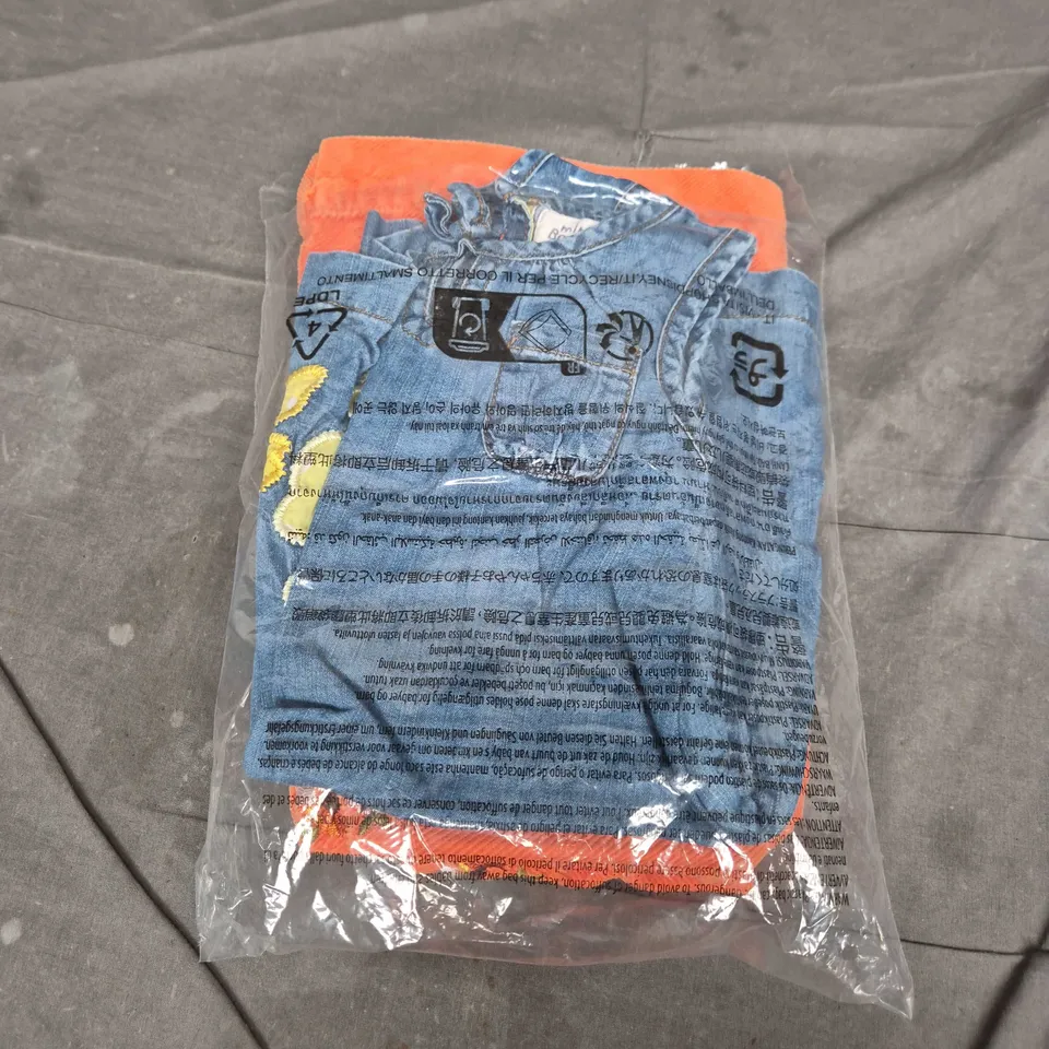 H&M orange top + Boden denim pinafore dress set, kids, UK 4-5 (EU 110)