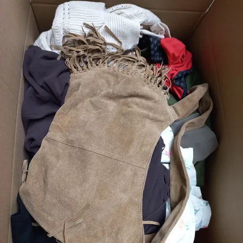 LARGE BOX OF APPROXIMATELY 25 ASSORTED CLOTHING ITEMS IN VARIOUS COLOURS, STYLES AND SIZES - COLLECTION ONLY
