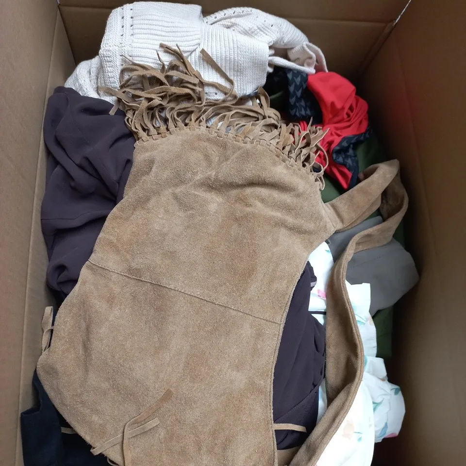 LARGE BOX OF APPROXIMATELY 25 ASSORTED CLOTHING ITEMS IN VARIOUS COLOURS, STYLES AND SIZES - COLLECTION ONLY