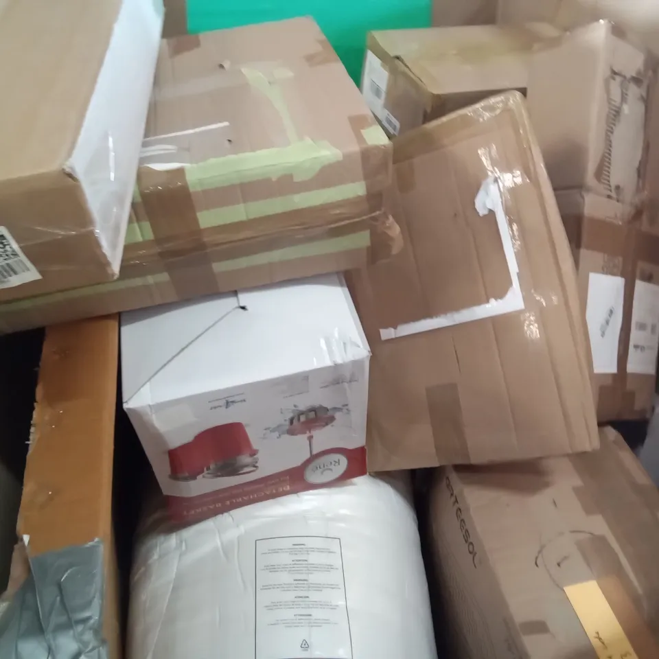 PALLET OF ASSORTED ITEMS INCLUDING ECOVACS DEEBOT, CURTAIN RODS, ENYAA OSCILLATING STAND FAN, CEILING FANS WITH LED LAMP,  RENÉ MOP WITH DETACHABLE BASKET, ARTEESOL MATTRESS