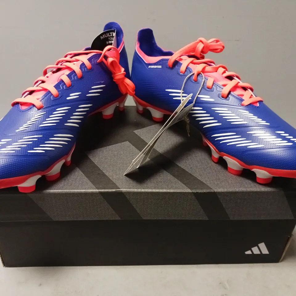 BOXED PAIR OF ADIDAS PREDATOR LEAGUE MG FOOTBALL BOOTS IN BLUE/ORANGE UK SIZE 7