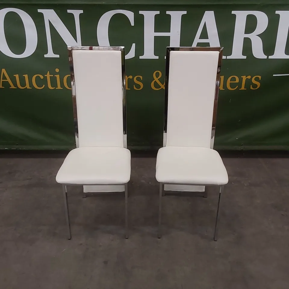 SET OF 2 CELESTE WHITE LEATHER AND CHROME DINING CHAIRS 