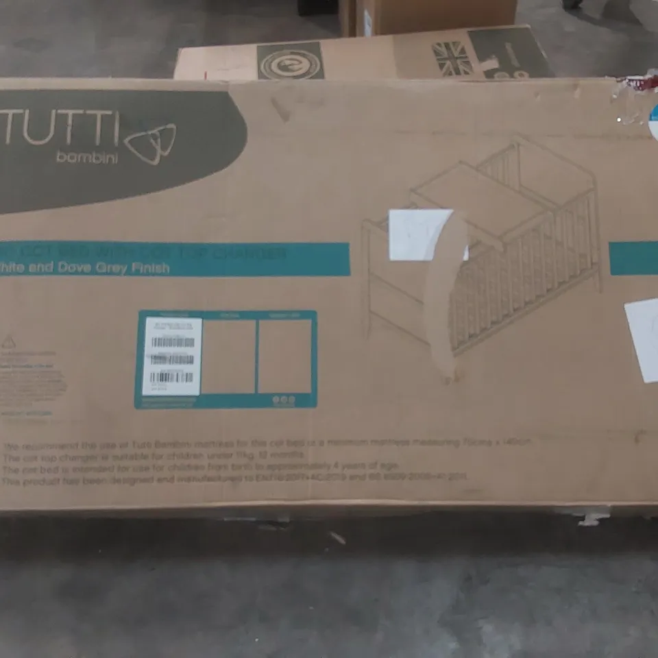 BOXED TUTTI BAMBINI RIO COT BED - WHITE AND DOVE GREY FINISH (1 BOX)