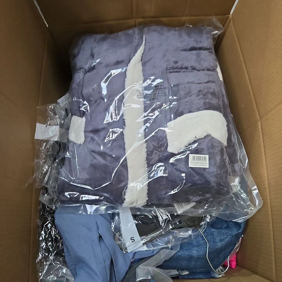 LARGE BOX OF ASSORTED CLOTHING ITEMS IN VARIOUS COLOURS, SIZES AND STYLES