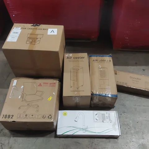 PALLET OF ASSORTED ITEMS INCLUDING: CANDY FLOSS MACHINE, AIR COOLERS, OFFICE CHAIR, TAP, SCOOTER ECT