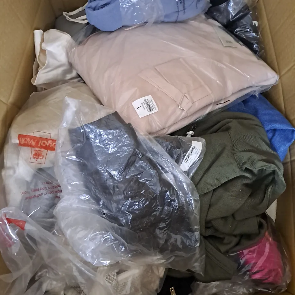 LARGE BOX OF ASSORTED CLOTHING ITEMS IN VARIOUS COLOURS AND SIZES INCLUDING TROUSERS , TOPS AND JUMPERS 