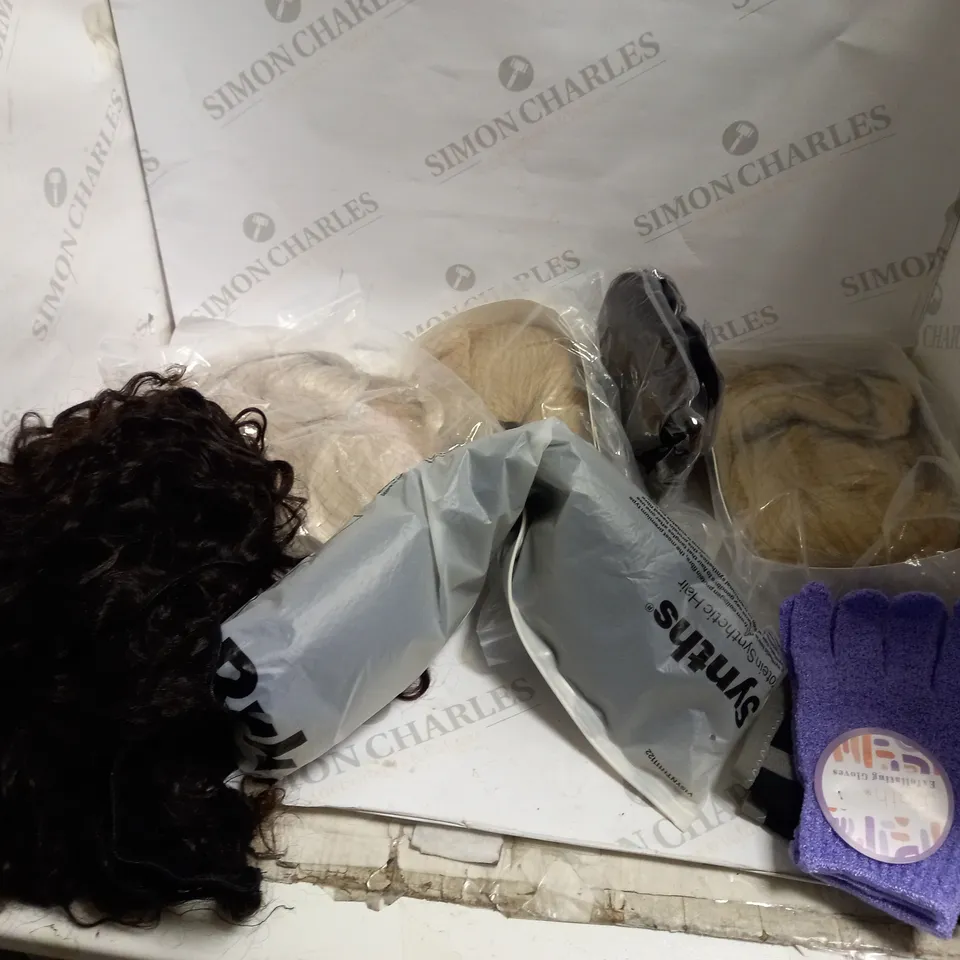 6 ASSORTED WIGS AND A PAIR OF A COTTON CLOTHES