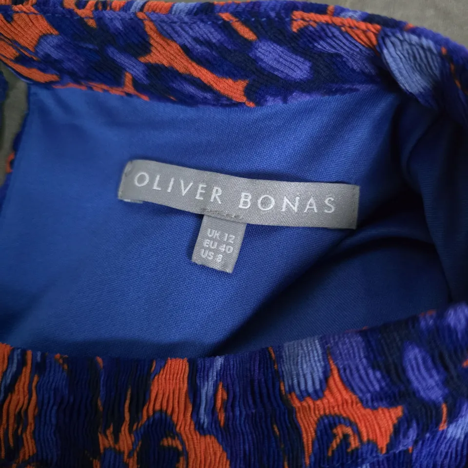 OLIVER BONAS WOMEN'S DRESS – BLUE & ORANGE ABSTRACT PRINT – UK 12