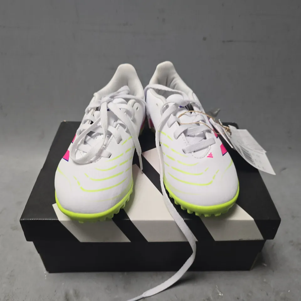 BOXED PAIR OF ADIDAS PREDATOR CLUB TF JUNIOR BOOTS IN WHITE/PINK - UK 11K