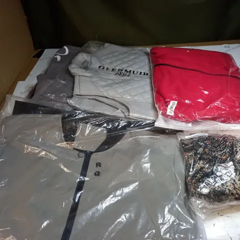 BOX OF ASSORTED CLOTHING ITEMS TOO INCLUDE DRESSES , SHIRTS AND TROUSERS IN VARIOUS SIZES AND COLOURS