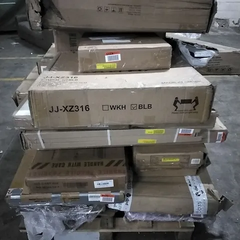 PALLET OF HOUSEHOLD ITEMS TO INCLUDE DINING TABLE, WOOD KITCHEN ISLAND AND TV STAND ETC...