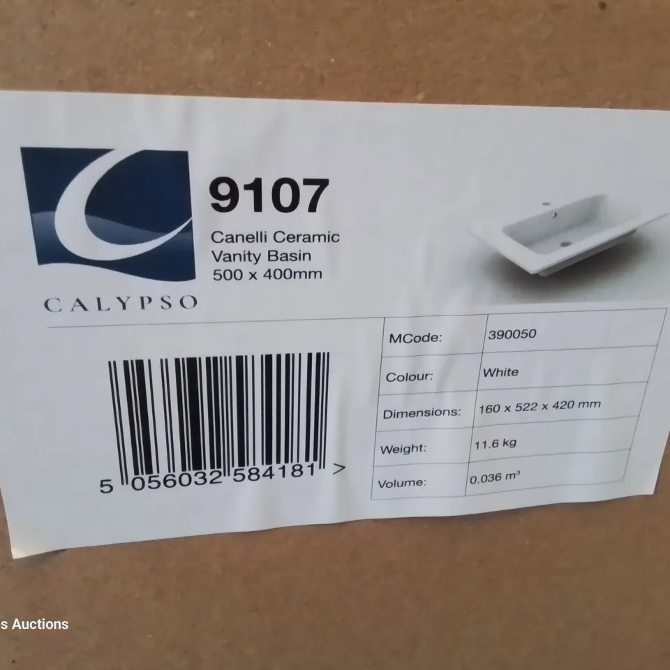 BOXED CANELLI CERAMIC SINGLE TAP VANITY BASIN WHITE 500 × 400mm