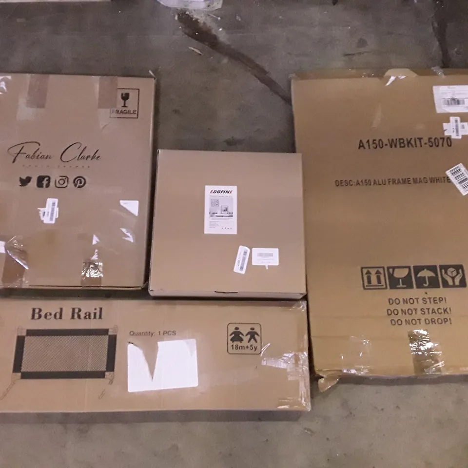 PALLET OF ASSORTED PRODUCTS INCLUDING BED RAIL, FABIAN CLARKE PHOTO FRAMES, ALUMINIUM FRAME MAGNETIC WHITEBOARD, PICTURE FRAMES