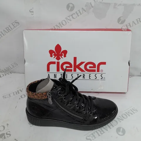 BOXED PAIR OF RIEKER HIGH TOP LEOPARD CUFF TRAINERS BLACK SIZE 5