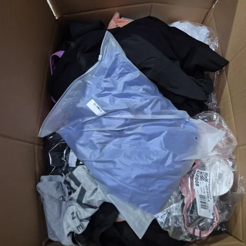 LARGE BOX OF ASSORTED CLOTHING ITEMS IN ASSORTED COLOUR, SIZES AND STYLES