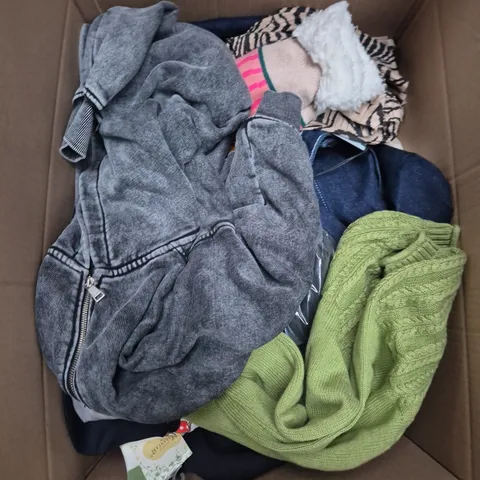 LARGE BOX OF APPROXIMATELY 25 ASSORTED CLOTHING ITEMS IN VARIOUS COLOURS, STYLES AND SIZES - COLLECTION ONLY