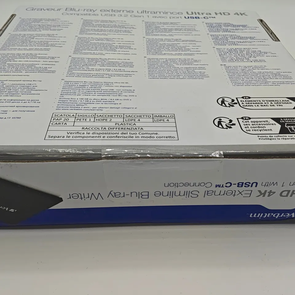 SEALED VERBATIM ULTRA HD 4K EXTERNAL SLIMLINE BLUE-RAY WRITER
